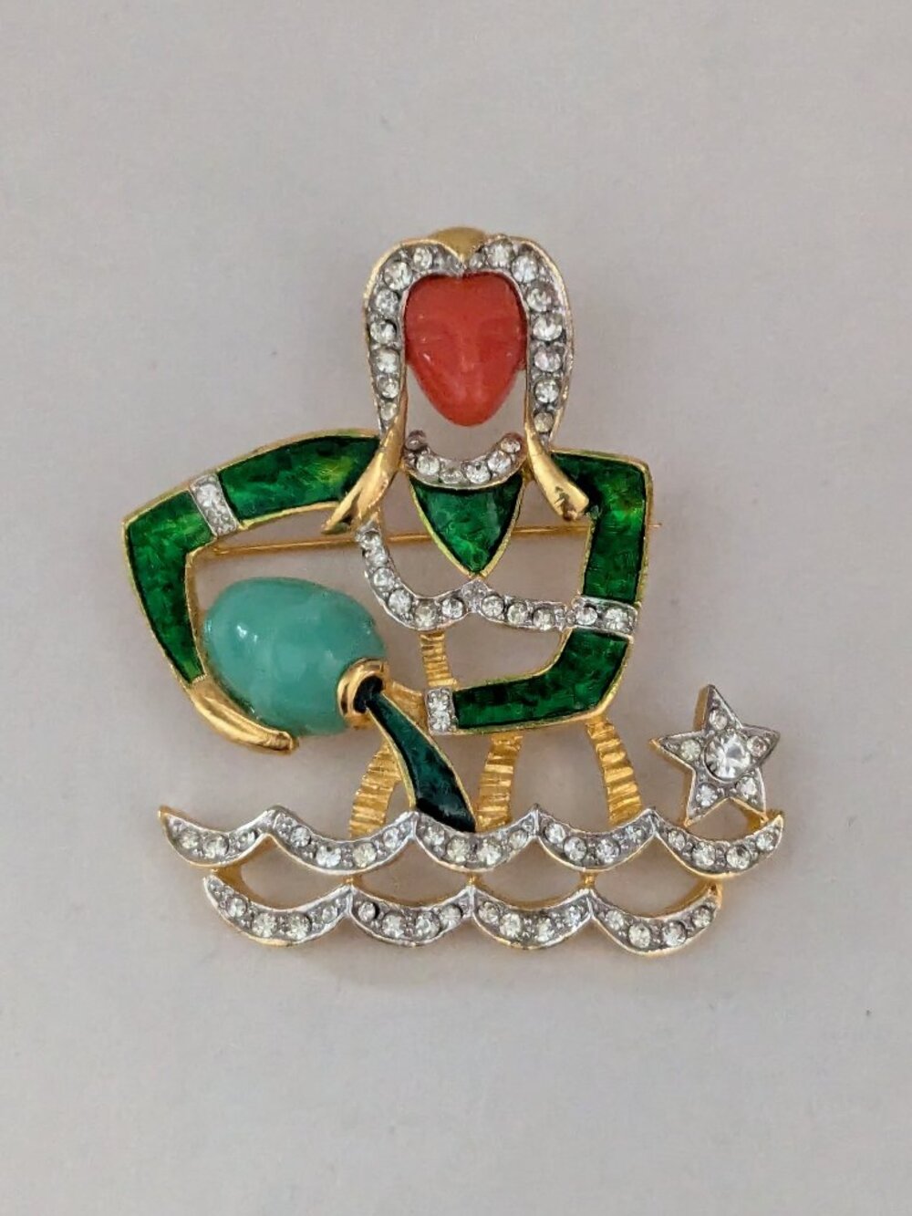 Vintage DeNicola Aquarius Zodiac Clear Crystal Enamel Cabochon Brooch Pin